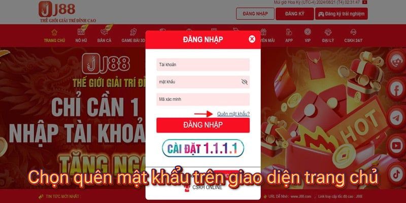 Chọn quên mật khẩu trên giao diện trang chủ